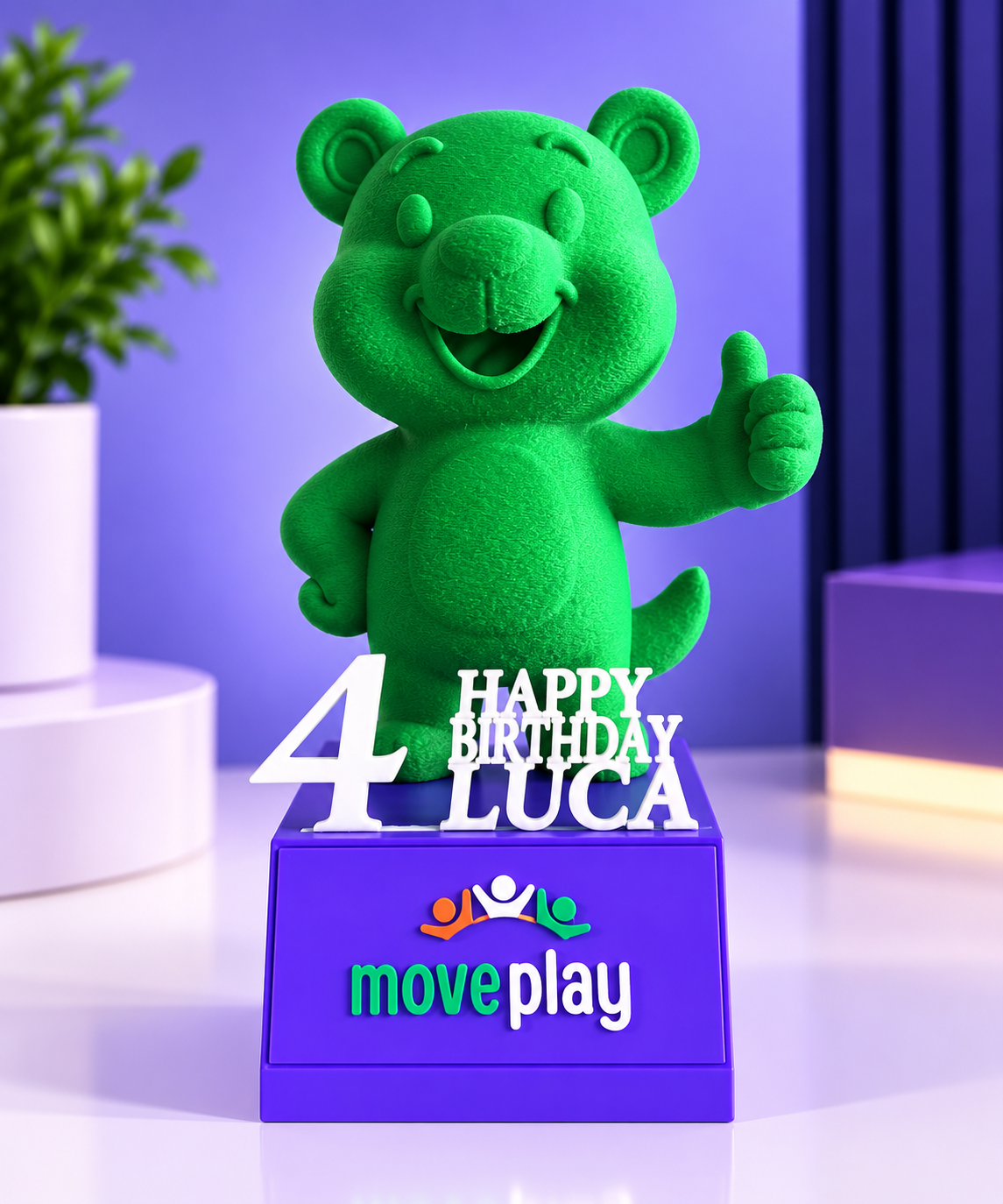 A custom character trophy personalised and branded for MovePlay