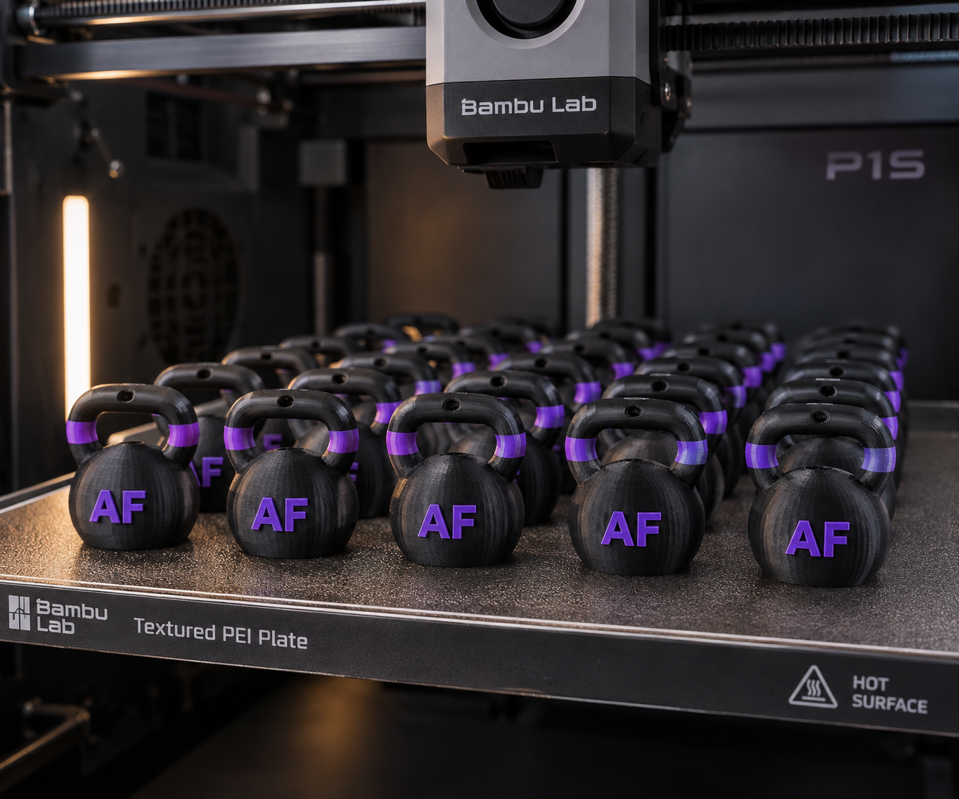 A production run of branded kettlebell trophies on a 3D printer bed