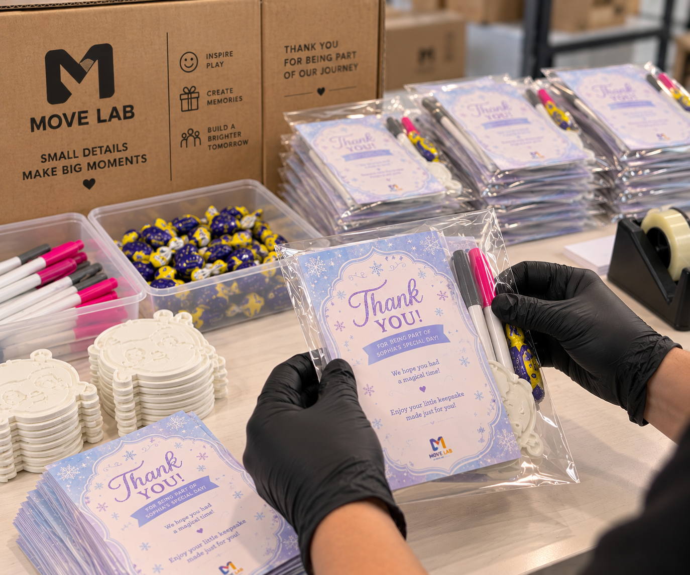 Packing branded MoveLab boxes and party kits by hand