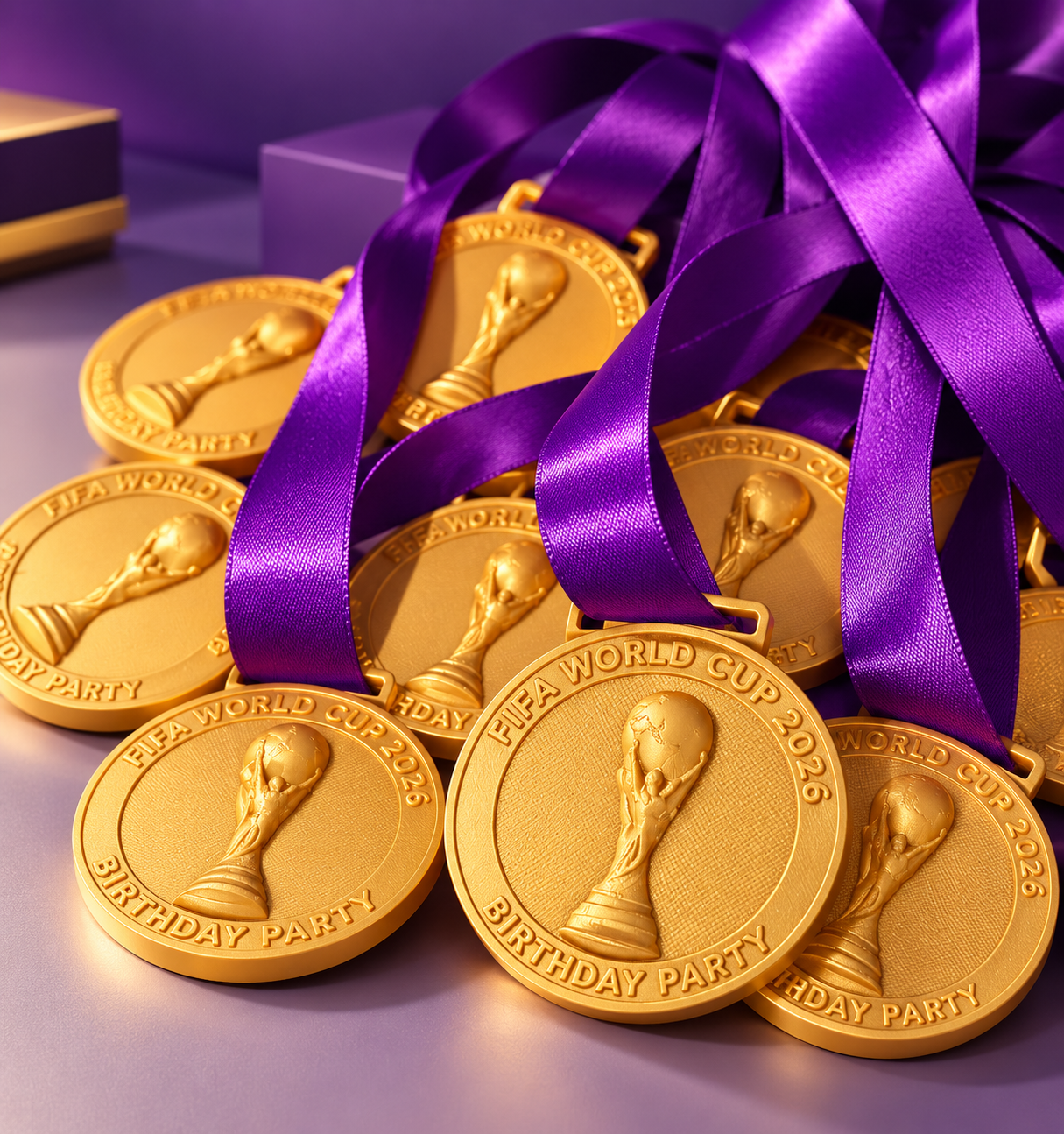 Gold custom medals on purple ribbon