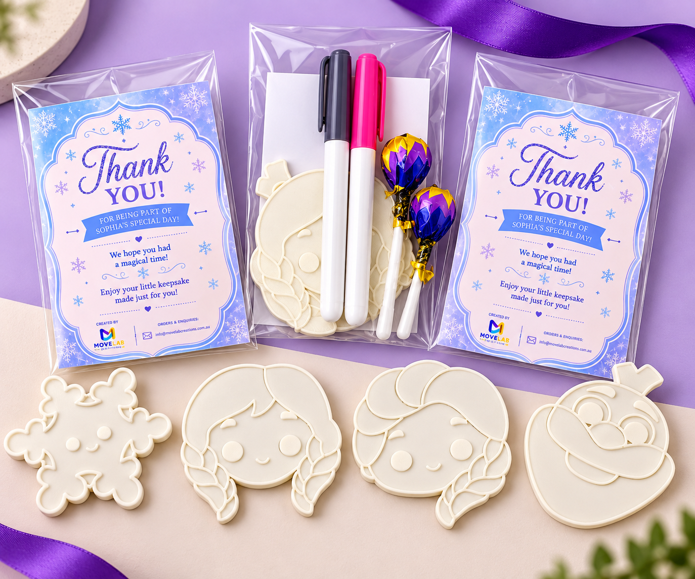Character-shaped party kit pieces with thank-you cards