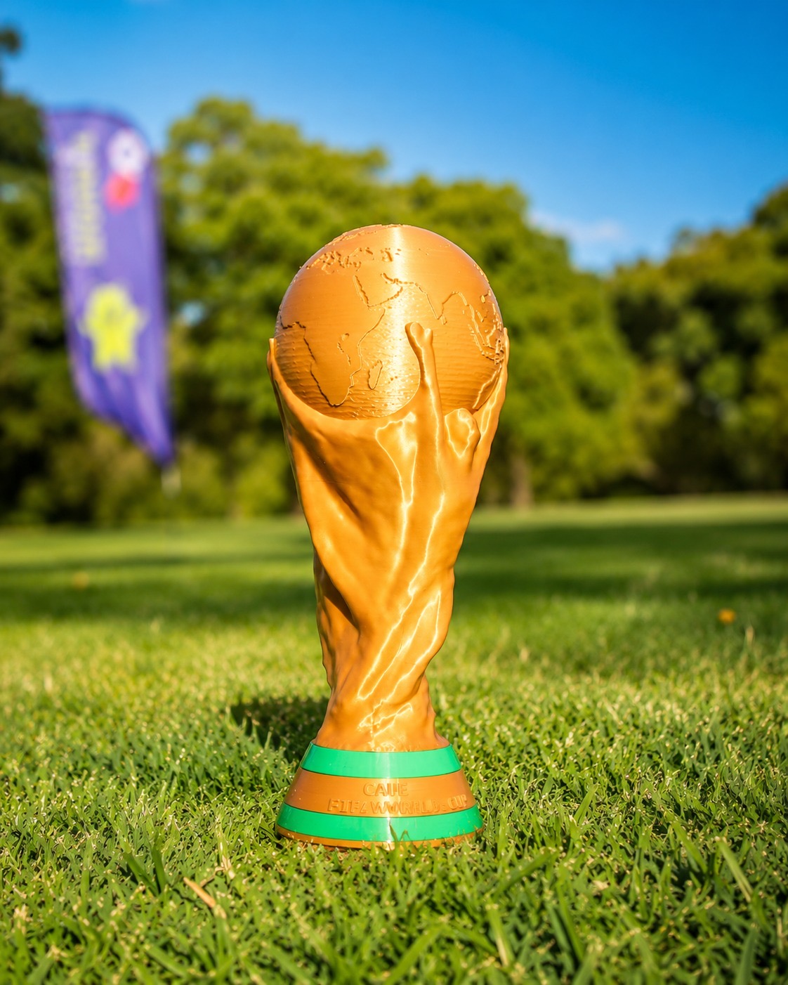 Gold trophy with engraved base, photographed on grass at sunset